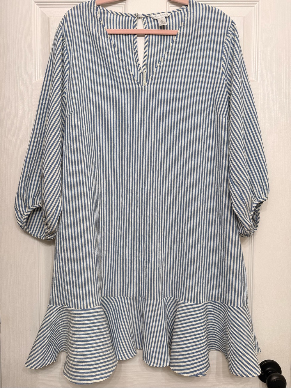 London Times Blue Ivory Stripe Ruffle Shift Dress XL 16/18